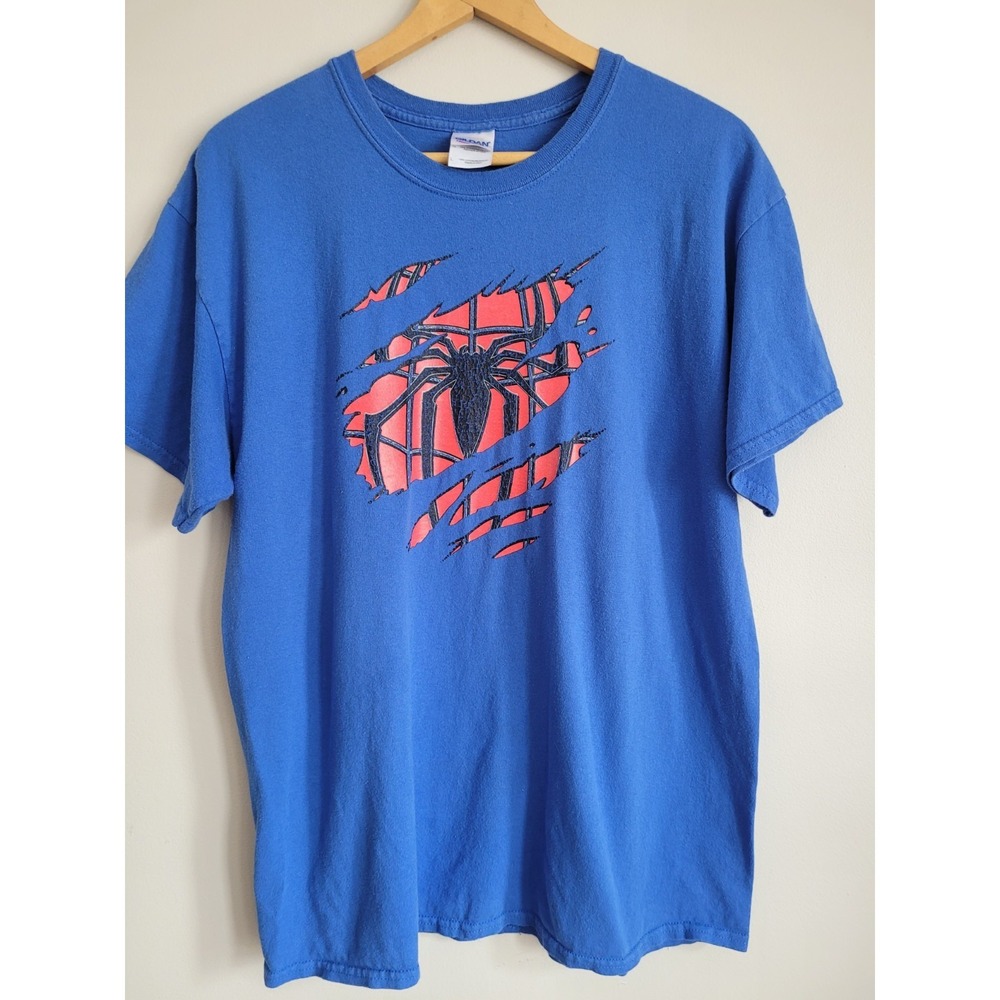 Spider Man Graphic Tee Mens Large Blue Spider Print Gildan Shirt